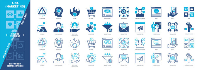 AIDA icon set. Attention, Interest, Desire, Action, Newsletter, Sales Funnel, Manager, Consumer Behavior. Duotone color solid and editable outline icons
