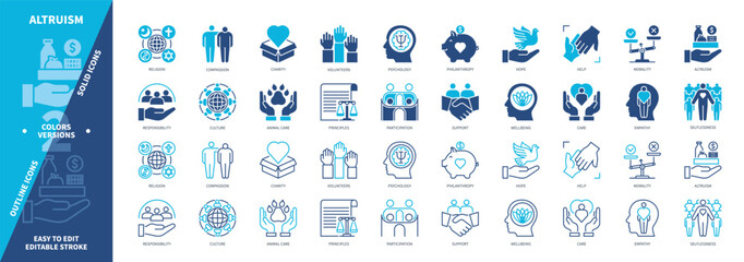 Altruism icon set. Charity, Participation, Selflessness, Care, Help, Compassion, Kindness, Religion. Duotone color solid and editable outline icons