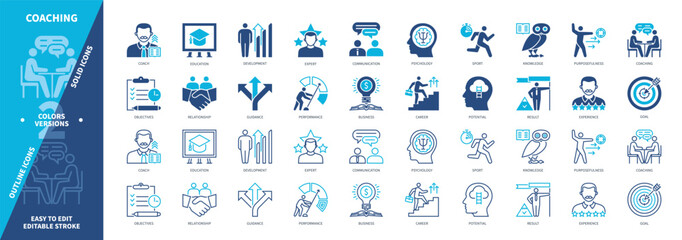 Coaching icon set. Goal, Education, Development, Career, Guidance, Objectives, Potential, Performance. Duotone color solid and editable outline icons