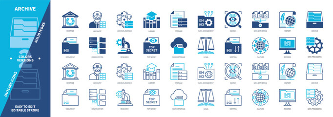 Archive icon set. Document, Cloud Storage, Data Gathering, Records, Heritage, Research, Library, Organization. Duotone color solid and editable outline icons