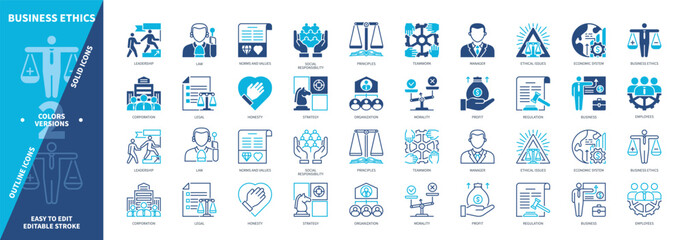 Business Ethics icon set. Corporation, Morality, Employees, Principles, Ethical Issues, Regulation, Manager, Strategy. Duotone color solid and editable outline icons