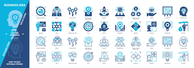 Business Idea icon set. Brainstorm, Product Development, Startup, Opportunity, Market Research, Vision, Designing, Success. Duotone color solid and editable outline icons