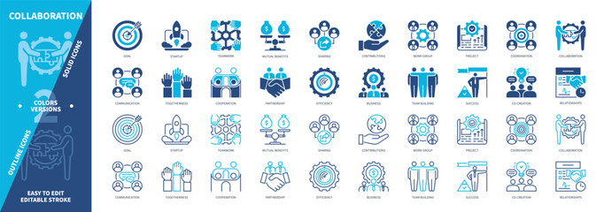 Collaboration icon set. Goal, Sharing, Mutual Benefits, Team, Co-Creation, Contributions, Project, Result. Duotone color solid and editable outline icons