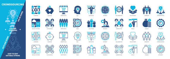 Crowdsourcing icon set. Participants, Fund, Online Platform, Marketplace, Internet, Collaboration, Tasks, Philanthropy. Duotone color solid and editable outline icons