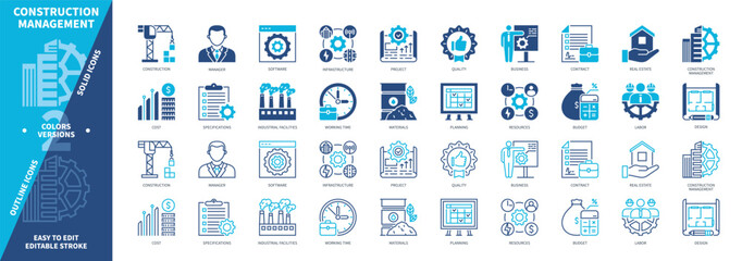 Obraz na płótnie Canvas Construction Management icon set. Working Time, Labor, Project, Materials, Design, Budget, Real Estate, Industrial Facilities. Duotone color solid and editable outline icons