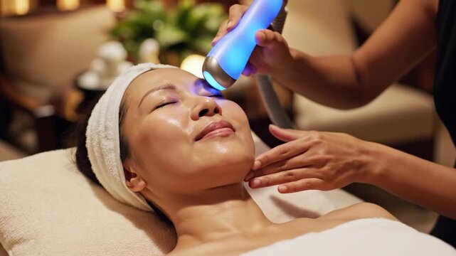 Woman receiving LED light therapy facial treatment at spa, with therapist applying device to her face, in a relaxing environment