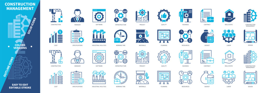 Construction Management icon set. Working Time, Labor, Project, Materials, Design, Budget, Real Estate, Industrial Facilities. Duotone color solid and editable outline icons