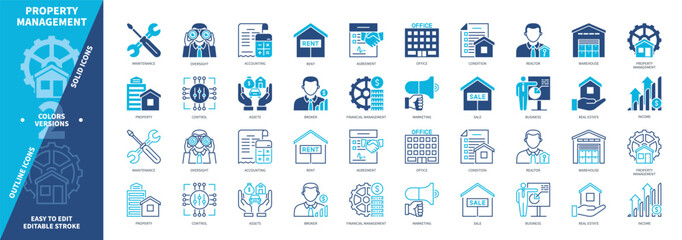Property Management icon set. Real Estate, Office, Warehouse, Maintenance, Accounting, Rent, Assets, Marketing. Duotone color solid and editable outline icons