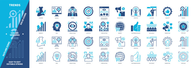 Trends icon set. Fashion, Recommendation, Growth, Popular, Quality, Marketing, Promotion, Success. Duotone color solid and editable outline icons