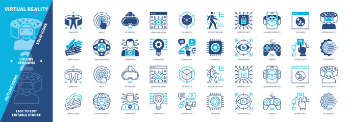 Virtual Reality icon set. Immersive, Haptic, Technology, Wired Gloves, Cyberspace, Gaming, Cybersecurity, Interactivity. Duotone color solid and editable outline icons