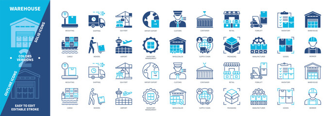 Warehouse icon set. Forklift, Wholesaler, Retail, Packaging, Logistics, Shipping, Inventory, Goods. Duotone color solid and editable outline icons