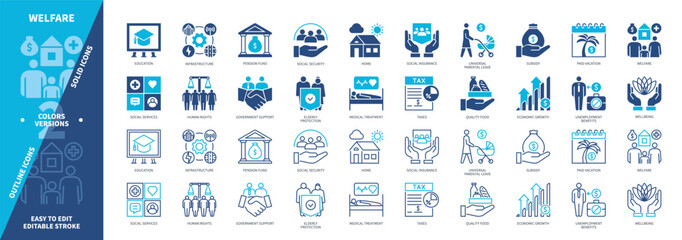Welfare icon set. Human Rights, Education, Medical Treatment, Taxes, Home, Food, Vacation, Wellbeing. Duotone color solid and editable outline icons