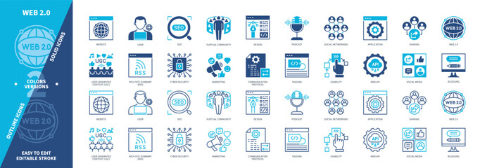 Web 2.0 icon set. Cybersecurity, SEO, Usability, Marketing, Sharing, Design, Social Media, Virtual Community. Duotone color solid and editable outline icons