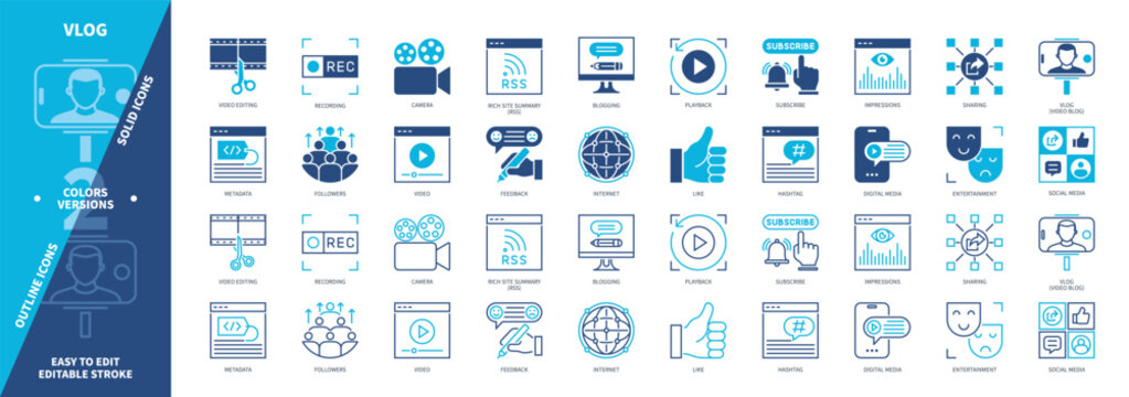 Vlog, Video Blog icon set. Impressions, Subscribe, Blogging, Playback, Like, Sharing, Followers, Feedback. Duotone color solid and editable outline icons