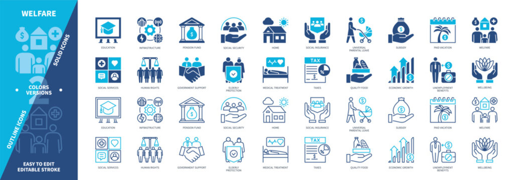 Welfare icon set. Human Rights, Education, Medical Treatment, Taxes, Home, Food, Vacation, Wellbeing. Duotone color solid and editable outline icons