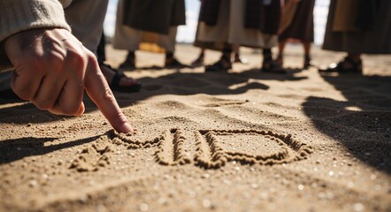 Close-up of a hand pointing at an inscription in the sand, with a group of people standing in the background.