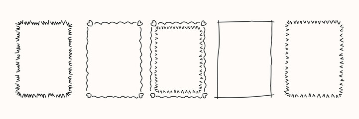 Hand drawn doodle rectangular frames set with wavy lines and heart shapes for creative journaling scrapbook borders and photo decorations isolated on background