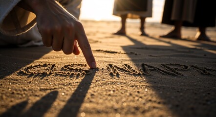 A hand writing the word GOSPEL in the sand on a beach with other people standing by, a symbol of faith and teaching