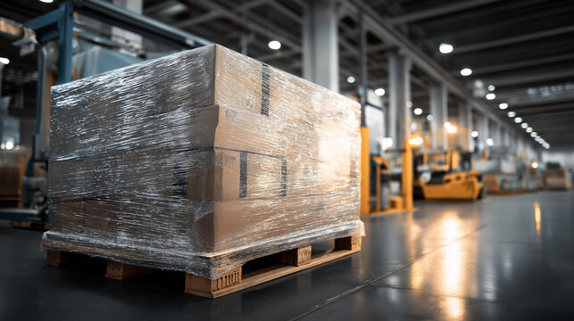 Pallet of cargo being wrapped in plastic at shipping station, industrial equipment detail, close-up process shot, cool warehouse lighting, commercial industrial style, pallet wrapping, cargo