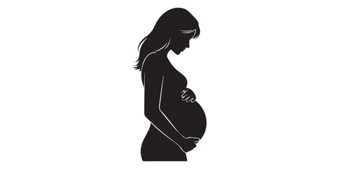 Fototapeta premium Pregnant woman silhouette touching belly, motherhood concept, elegant pose, flat vector illustration, black silhouette, minimal detail, isolated on white BG, Happy mothers day,pro