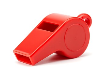 Bright red plastic sports whistle isolated against clean white background