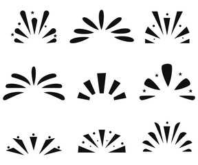 collection of abstract burst elements with stars and dots, comic book style explosions, graphic design elements for celebration and retro design, sunburst radial patterns, decorative accents