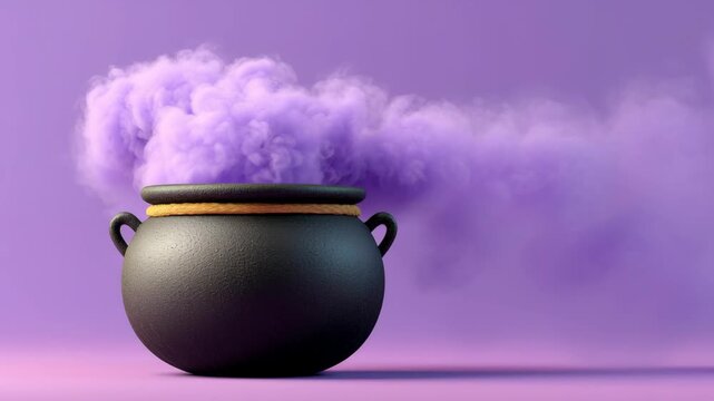 Black cauldron with purple smoke billowing from the top, set against a soft purple background, showcasing the magical and mystical atmosphere of a potion brewing scene