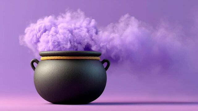 Black cauldron with a golden rope handle emits swirling purple smoke against a soft purple background, showcasing a magical and enchanting atmosphere in a whimsical setting