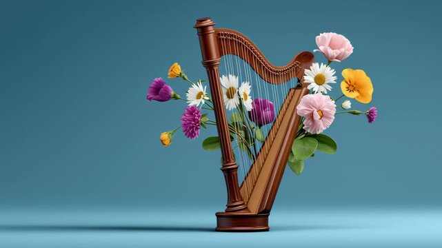 Wooden harp adorned with colorful flowers including daisies, peonies, and poppies, positioned against a soft blue background, showcasing a harmonious blend of nature and music
