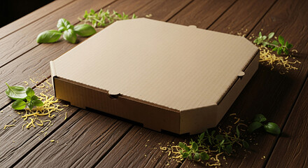 Pizza Box on Wooden Table with Basil and Herbs