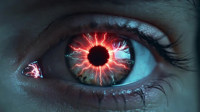 "Experience the power of futuristic technology with this stunning 4K cinematic video showcasing an electrified eye. The eye represents a powerful blend of human evolution and advanced technological in