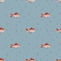 Seamless Cute Fish Pattern with Bubbles on Blue Background