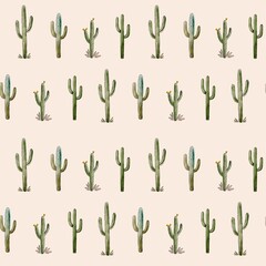 Seamless Hand Drawn Cactus Pattern on Neutral Background