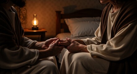 Two figures holding hands beside a glowing lamp. A scene filled with faith, warmth, and mutual support