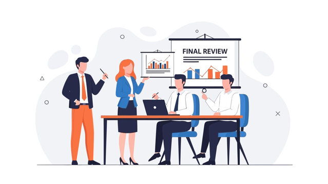Business meeting: team discussing final review with charts and data analysis