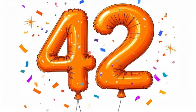 Orange cartoon style balloon shaped as number 42 with confetti on white background. Illustration for birthday or anniversary party