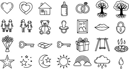 Fototapeta premium Family, Love, and Childhood Lifestyle Black White Line Art Icons Set. Simple Outline Symbols for Relationships, Home, and Nature.