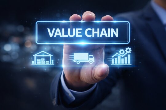 A professional hand holds a vibrant "VALUE CHAIN" holographic screen with interconnected icons, illustrating comprehensive strategies for optimizing business processes and logistics.