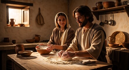 A couple joyfully baking bread in a rustic kitchen, evoking a sense of warmth and intimacy. The scene captures the essence of a simple life filled with love and shared moments