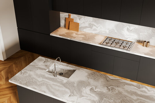 Modern kitchen interior with marble countertops and matte cabinetry seen from top view on wooden floor background. 3D Rendering. 3D Rendering