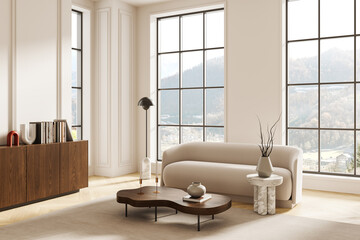Modern minimalist living room interior with neutral furniture, wood accents, and large windows overlooking serene mountain landscape in daylight. 3D Rendering