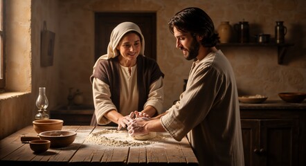 Couple Kneading Dough in Kitchen: A scene of two figures working in a rustic kitchen, kneading dough together on a wooden table. The room is dimly lit, with a lamp and some bowls on the table.