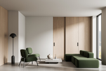 Obraz premium Modern minimalist interior room with green furniture and light wood accents in bright empty space concept. 3D Rendering