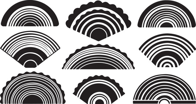 Black and white abstract shapes in semicircle formation pattern