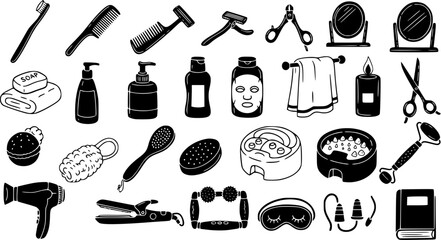 Obraz premium Personal Care, Beauty Spa Icons Set: Black White Glyph Silhouettes of Bathroom Essentials, Grooming Tools, and Self-Care Products