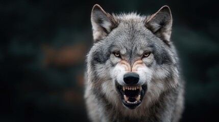 Obraz premium Close-up portrait of a snarling wolf showing its sharp teeth and intense gaze