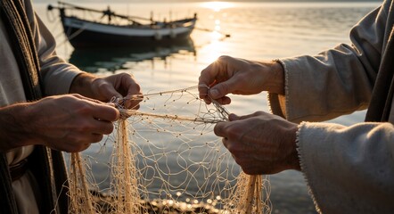 Two men working together to prepare a fishing net near the sea with a boat at background