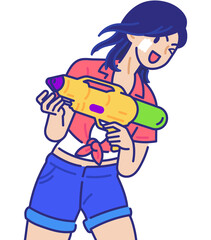 asian woman playing water gun cartoon illustration. Young adult enjoy songkran thailand water festival
