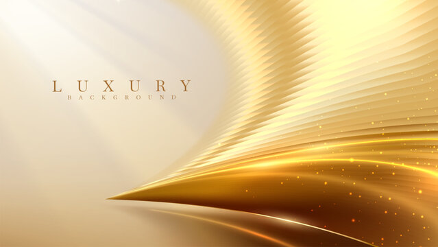 Metallic gold gradient background with ripple glass effect and neon light lines. Luxury decoration design. Vector illustration.