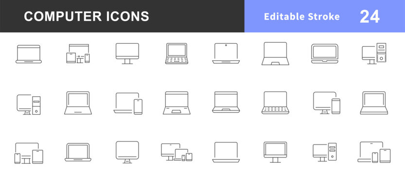 Computer icon set. Laptop, monitor, computing. Editable set of stroke  for technology and electronics interface. Computer and PC monitor, laptop screen, server with different processes. Vector